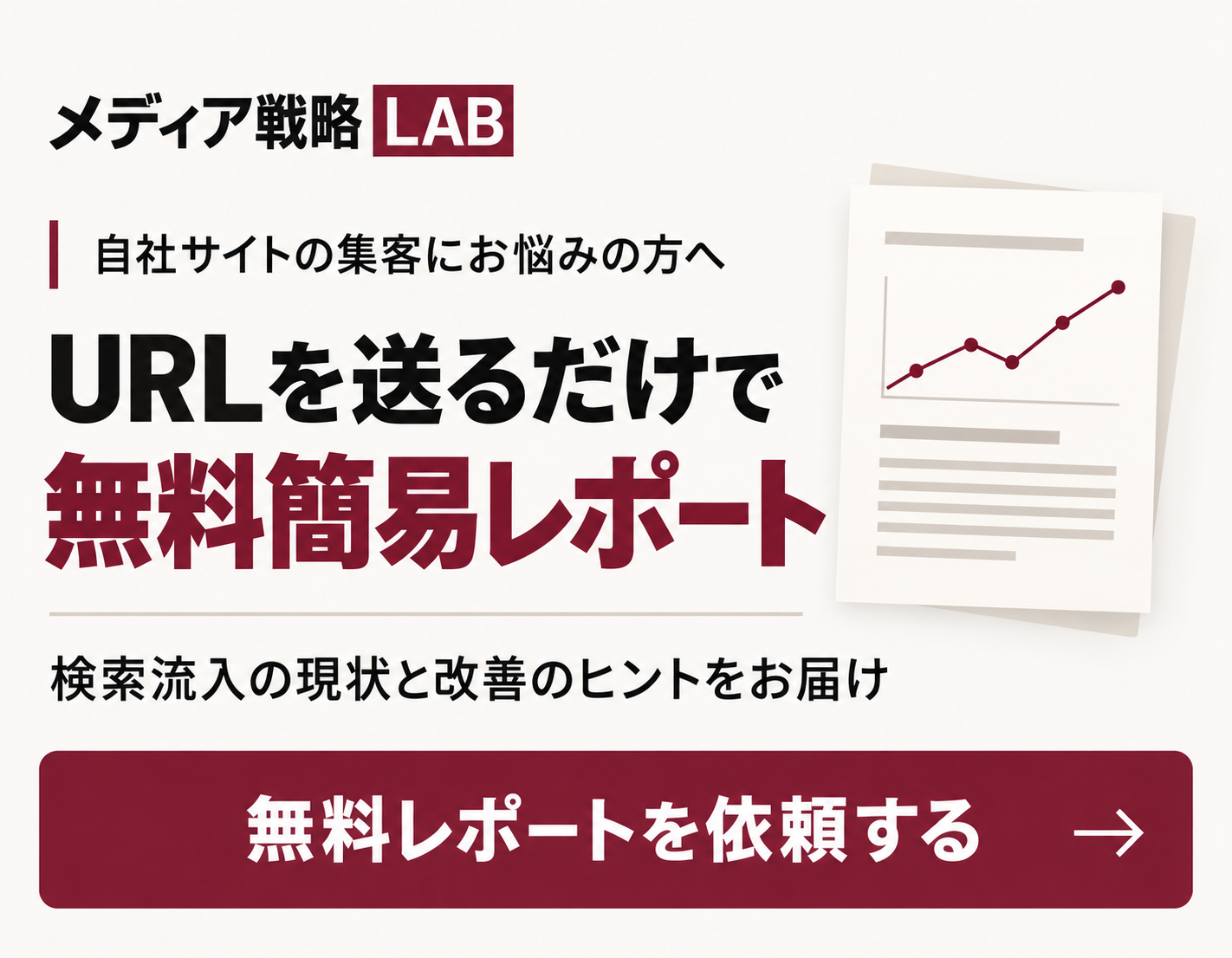 URLを送るだけで無料簡易レポート。検索流入の現状と改善のヒントをお届け。無料レポートを依頼する