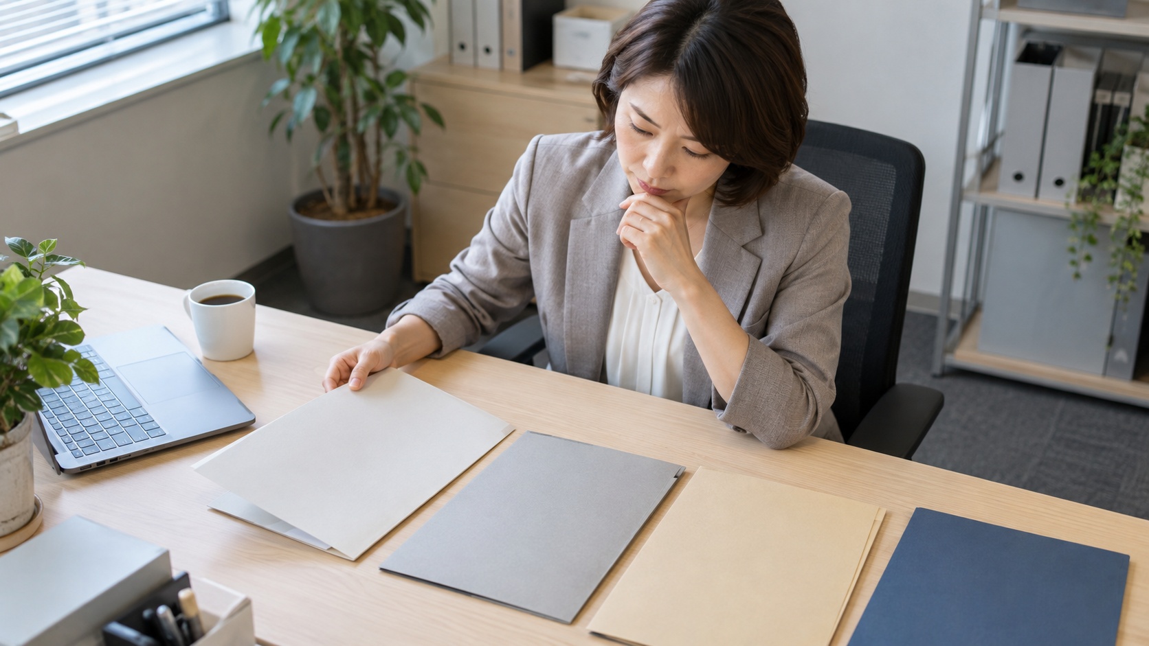 SEO会社の提案資料を比較する担当者