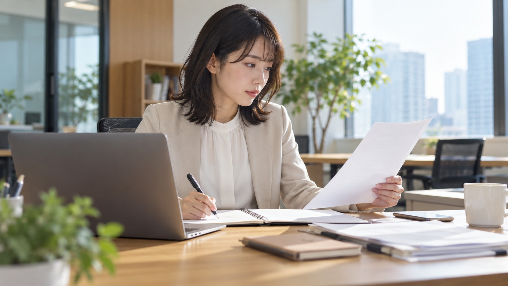 社内で記事の原稿を確認する担当者
