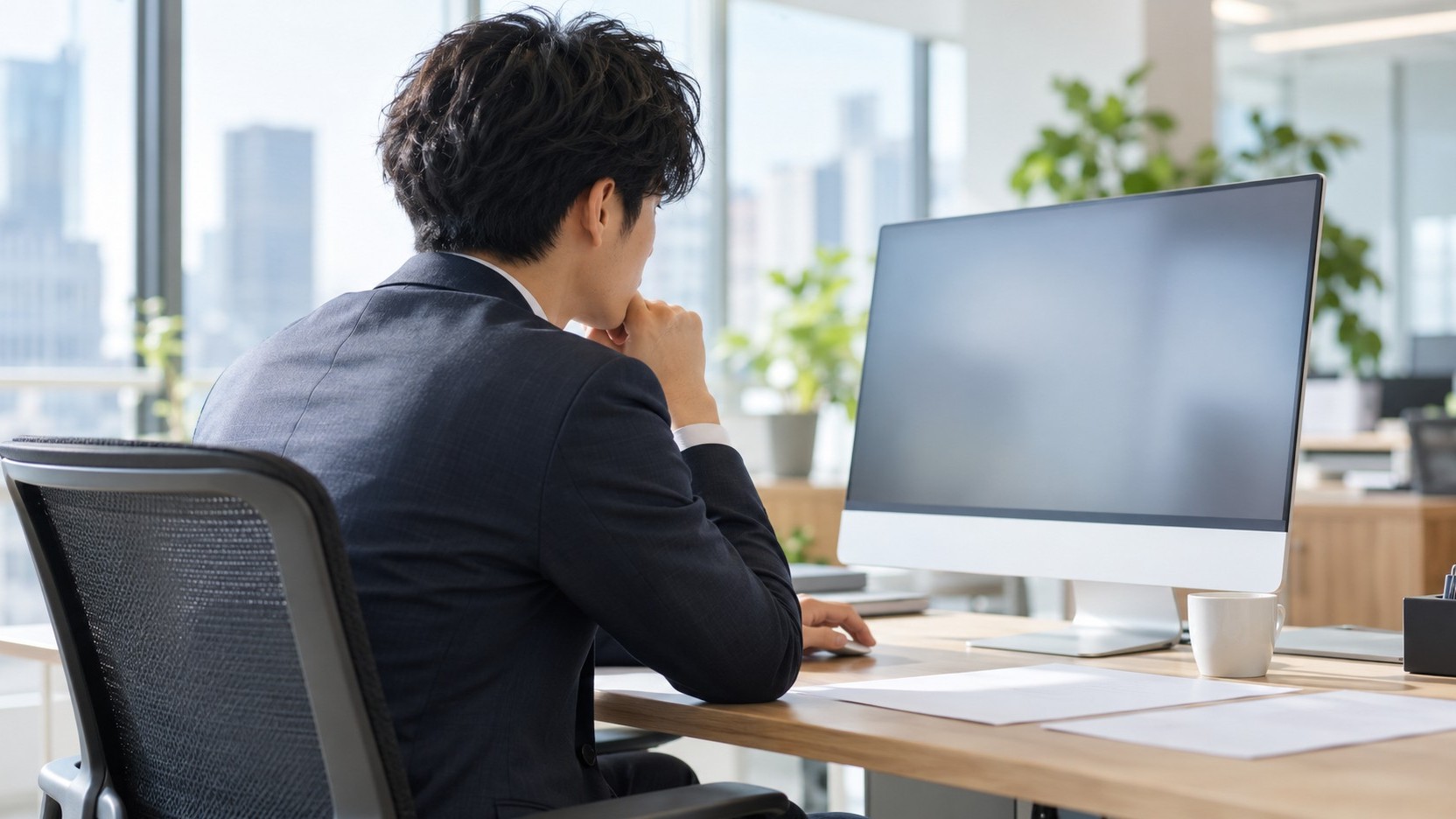 画面を見ながら施策の成果を振り返る担当者
