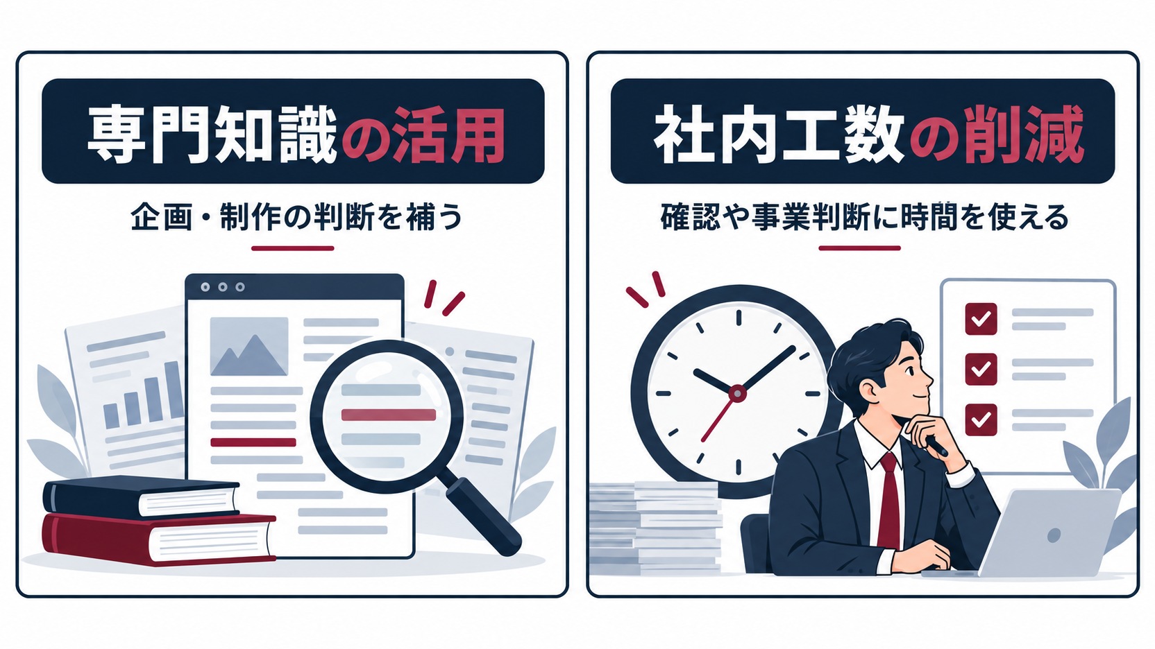 専門知識の活用と社内工数の削減という2つのメリット