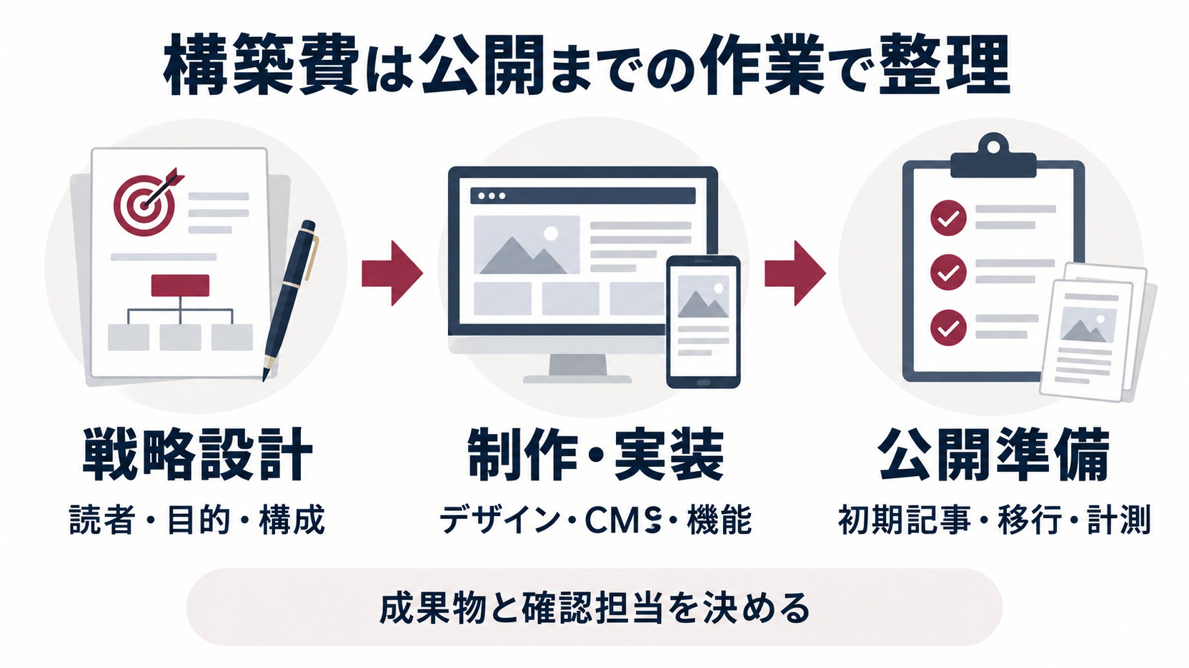 戦略設計、制作・実装、公開準備の3段階で構築費を整理する図