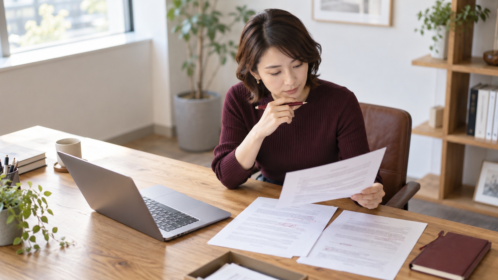 印刷した原稿とノートPCを見比べて記事の改善を検討する編集担当者