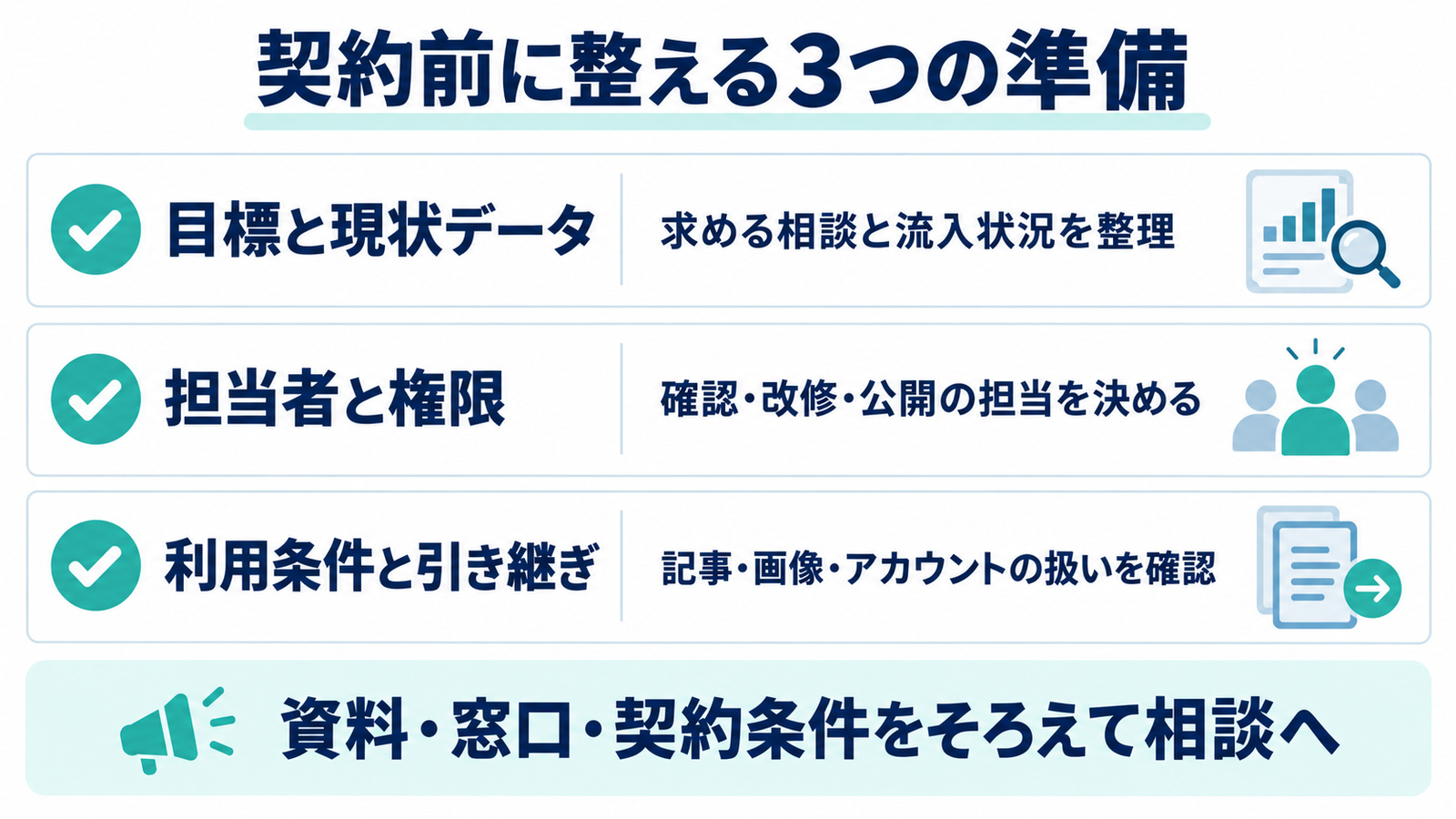 SEO外注の契約前に社内で準備することの要点を整理した図解